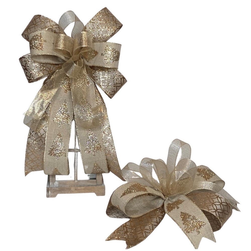 2 Christmas Bows Khaki and Gold